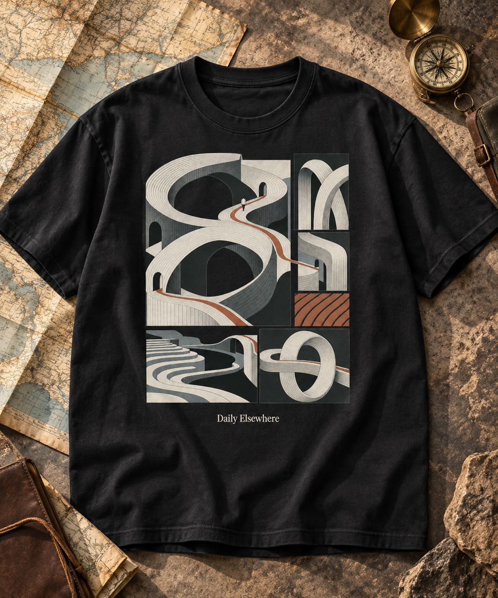 Irregular Atlas — Dark T-shirt with light front artwork on a contextual background. Daily Elsewhere.