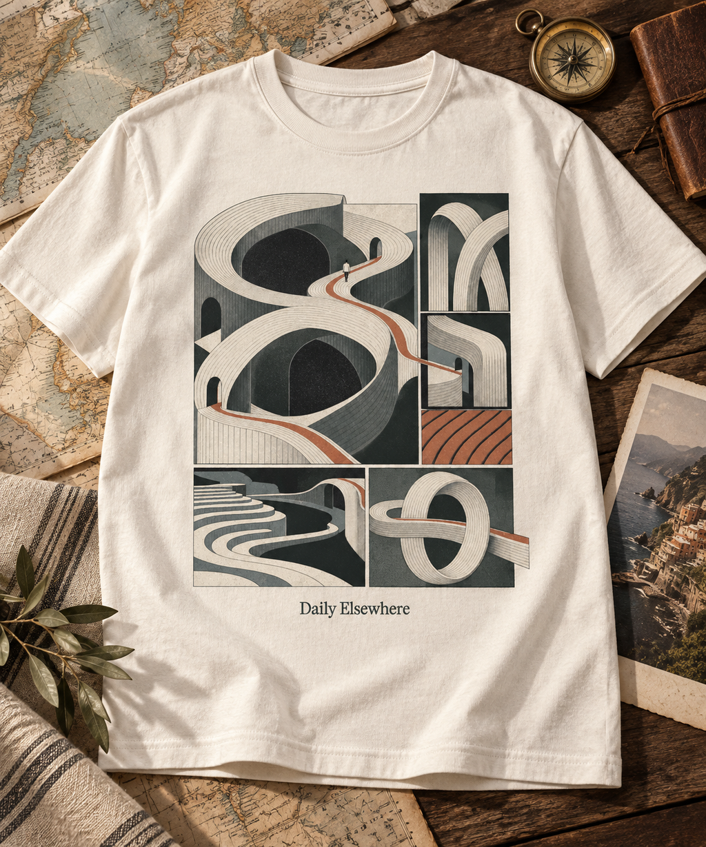 Irregular Atlas — Light T-shirt with the front artwork on a contextual background. Daily Elsewhere.