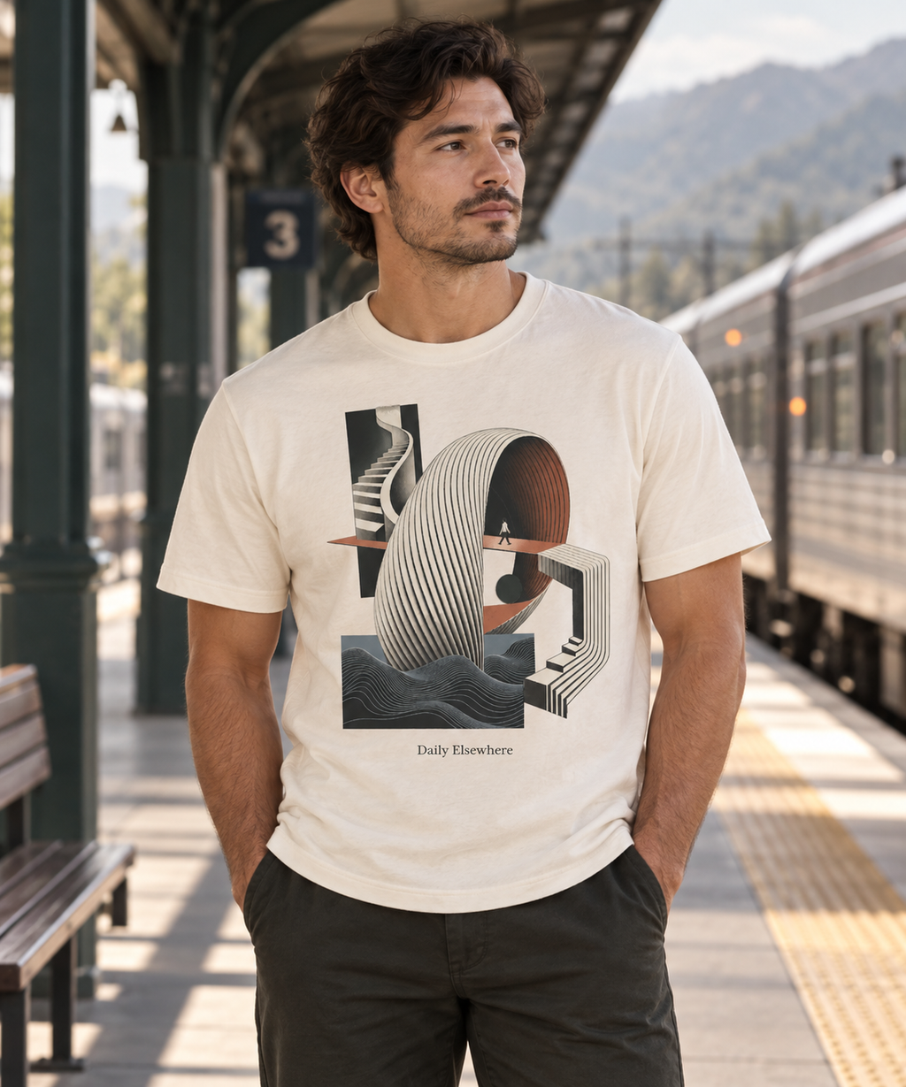 Places Between — Female model wearing a light T-shirt with the front artwork. Daily Elsewhere.