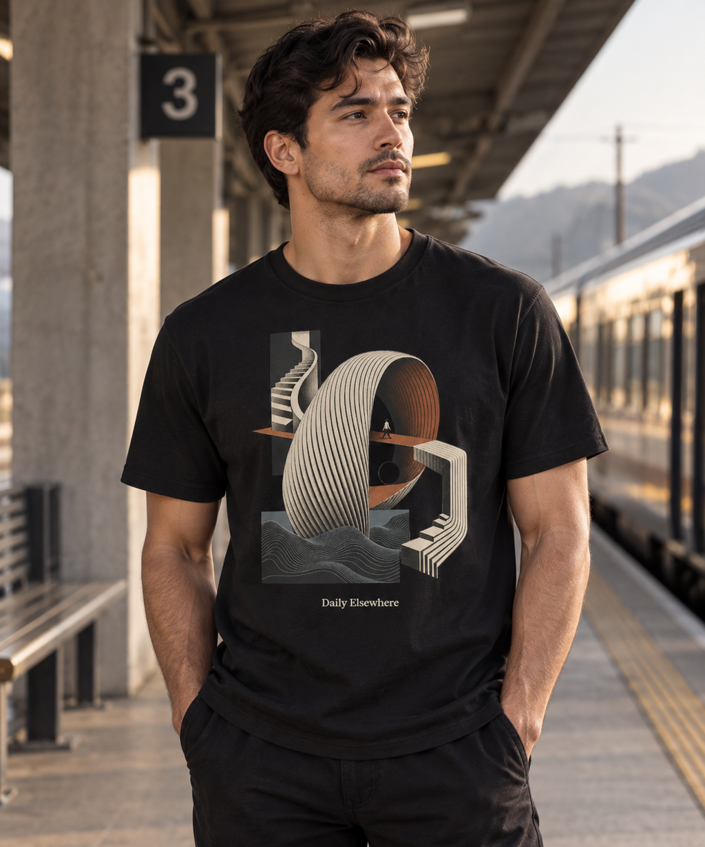 Places Between — Female model wearing a dark T-shirt with light front artwork. Daily Elsewhere.