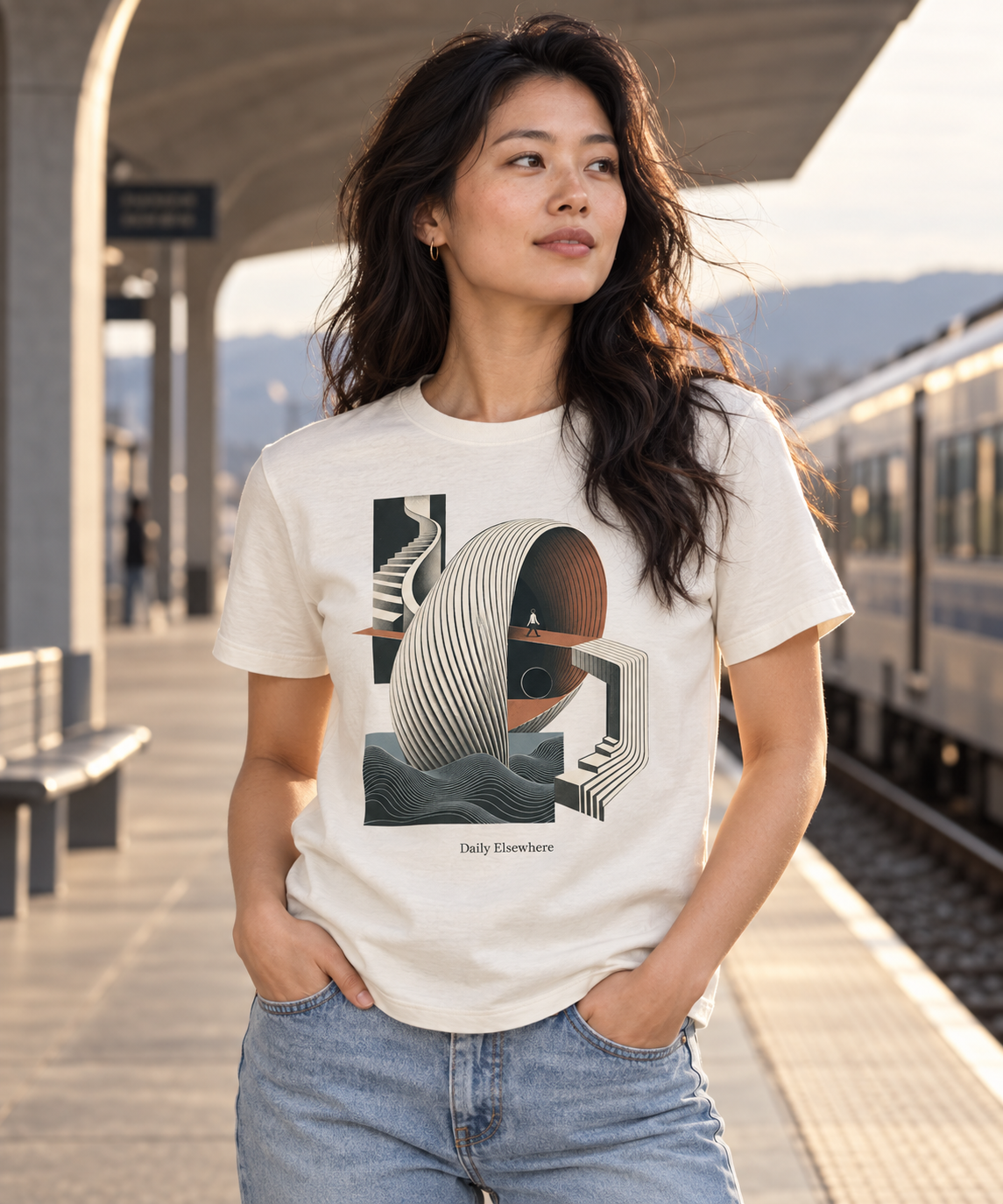 Places Between — Male model wearing a light T-shirt with the front artwork. Daily Elsewhere.
