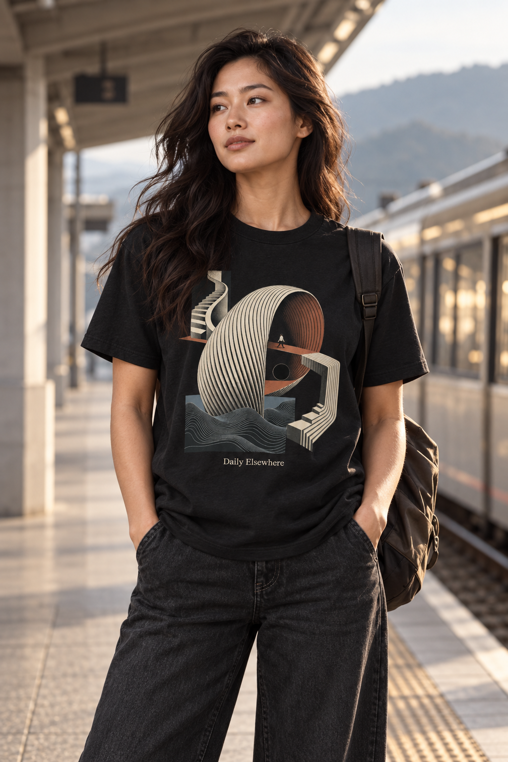 Places Between — Male model wearing a dark T-shirt with light front artwork. Daily Elsewhere.