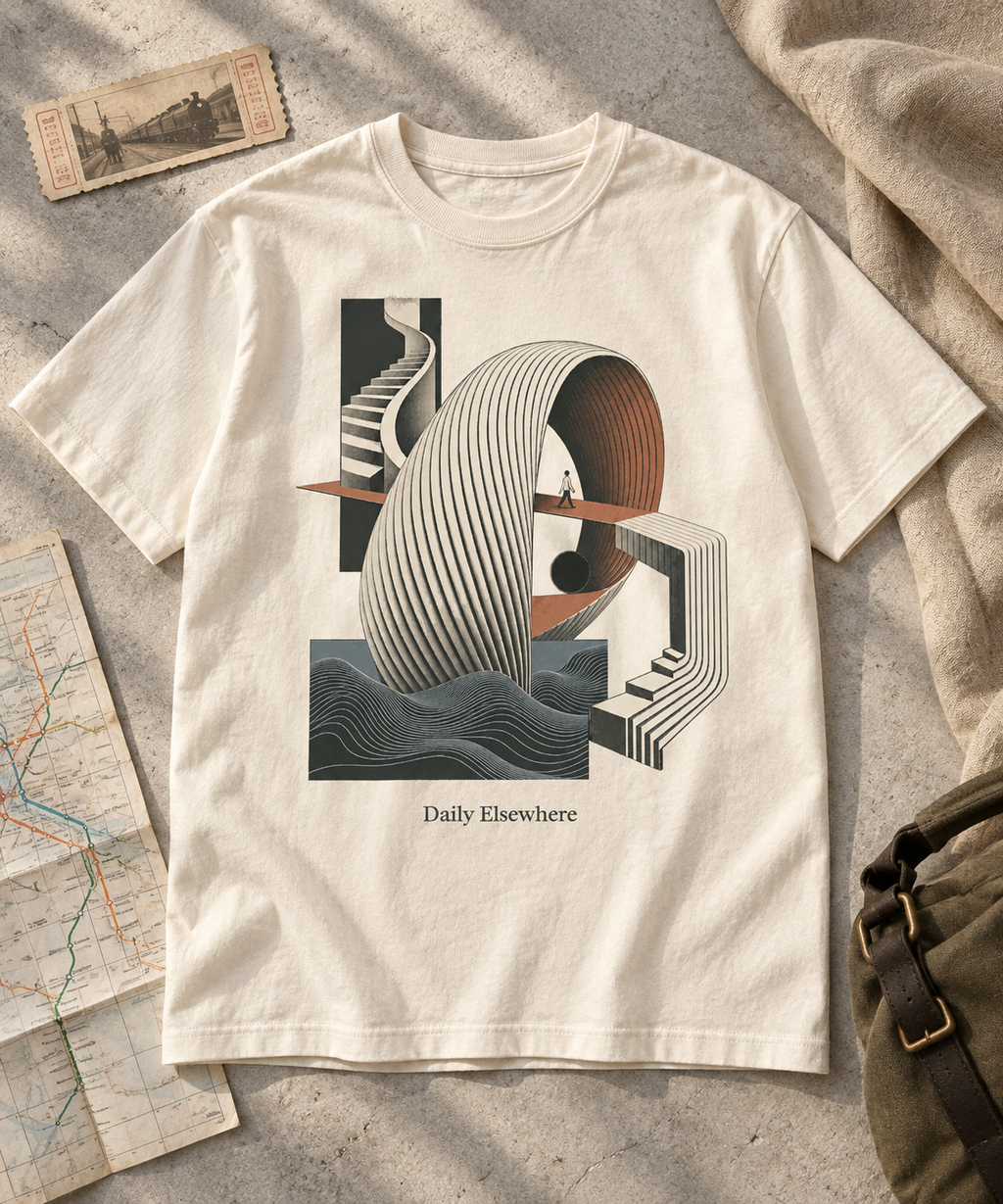 Places Between — Dark T-shirt with light front artwork on a contextual background. Daily Elsewhere.