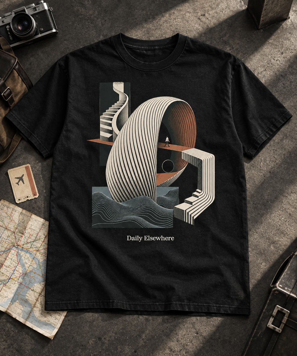 Places Between — Light T-shirt with the front artwork on a contextual background. Daily Elsewhere.