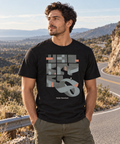 A Different Route — Male model wearing a light T-shirt with the front artwork. Daily Elsewhere.