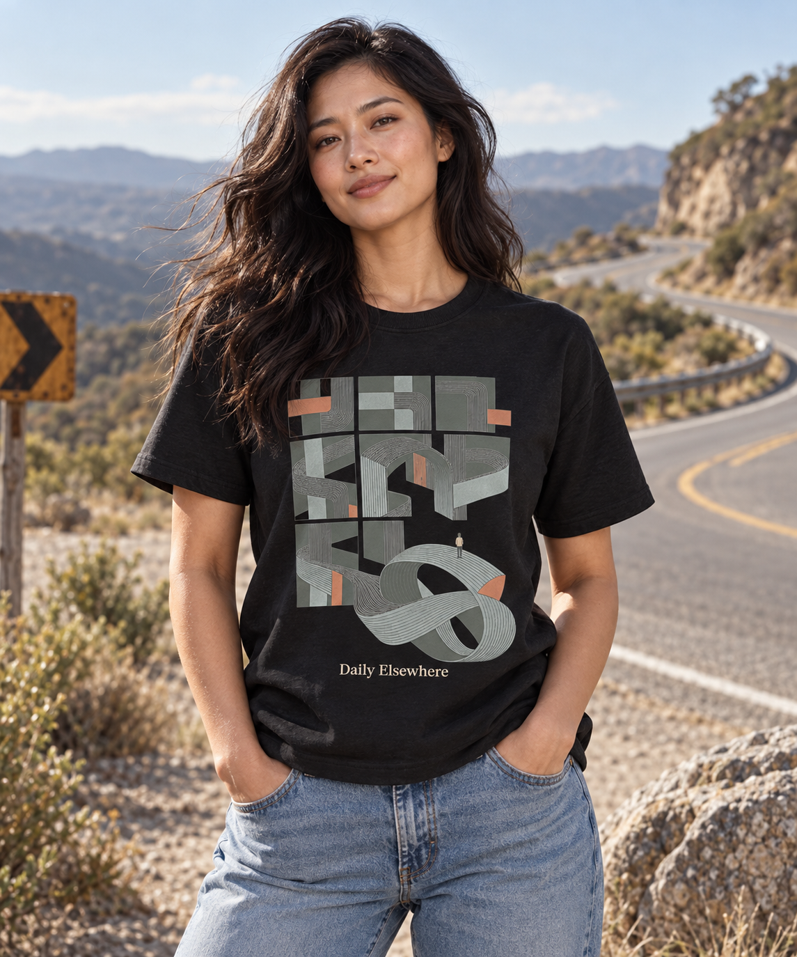 A Different Route — Dark T-shirt with light front artwork on a contextual background. Daily Elsewhere.