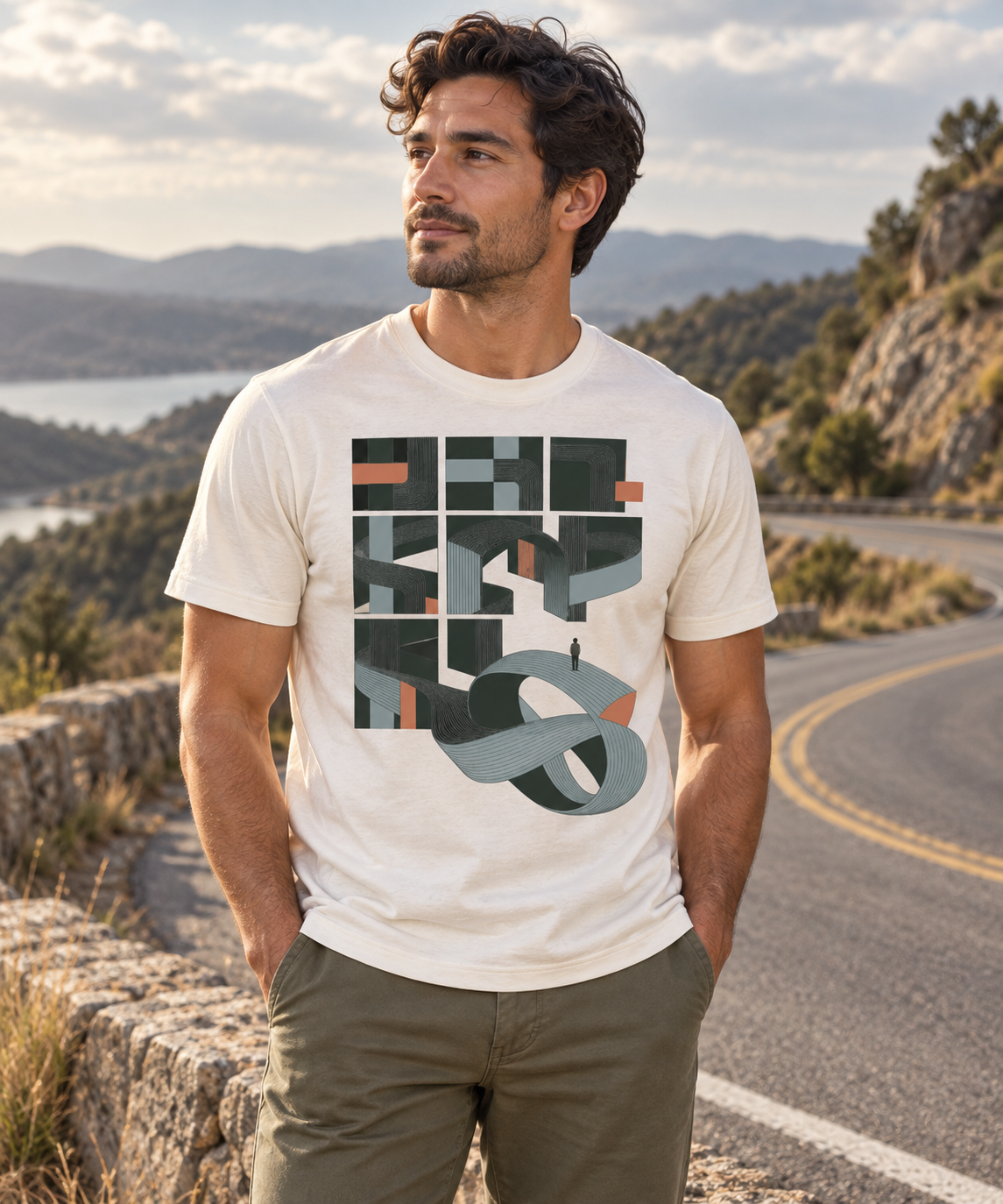 A Different Route — Female model wearing a light T-shirt with the front artwork. Daily Elsewhere.
