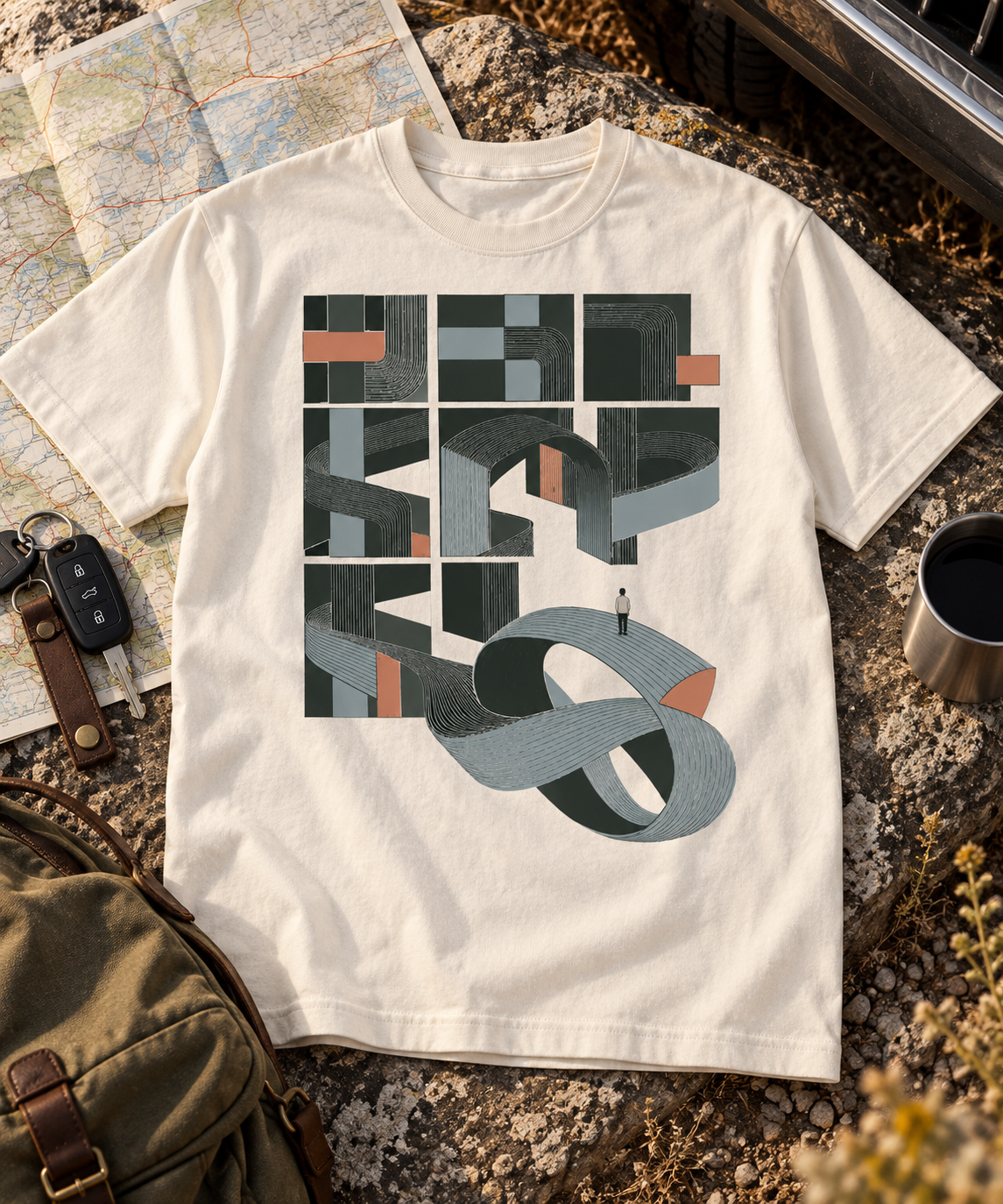 A Different Route — Female model wearing a dark T-shirt with light front artwork. Daily Elsewhere.