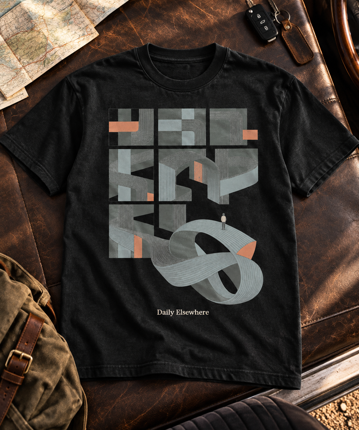 A Different Route — Light T-shirt with the front artwork on a contextual background. Daily Elsewhere.