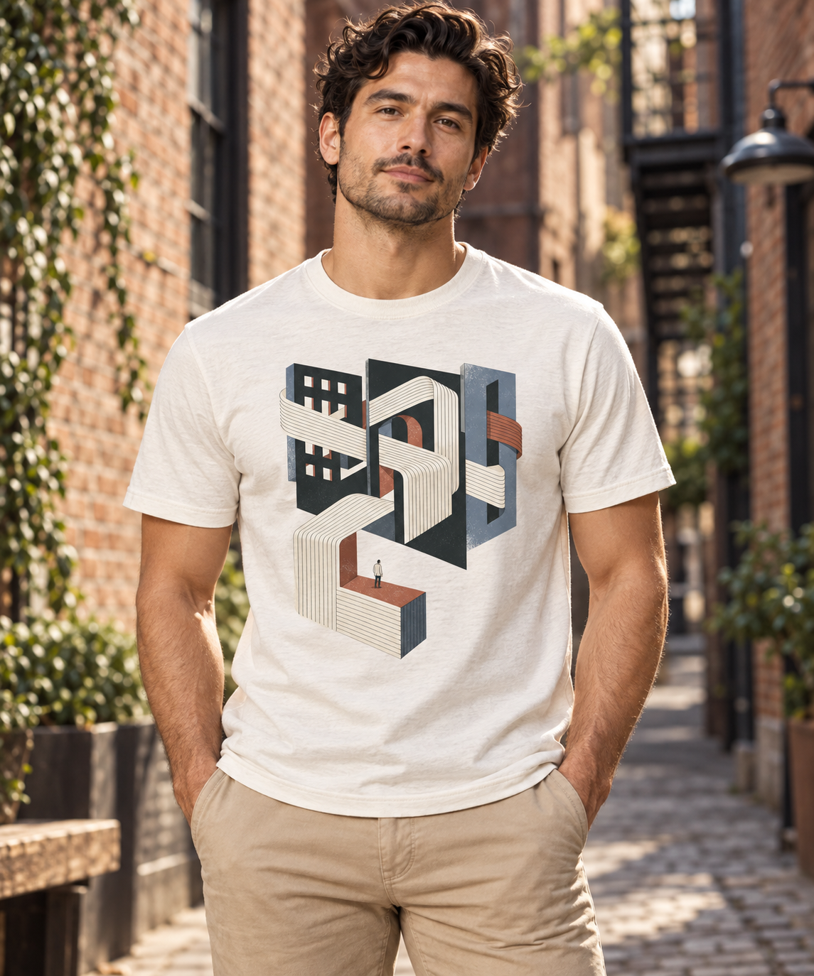 Woven District — Male model wearing a light T-shirt with the front artwork. Daily Elsewhere.
