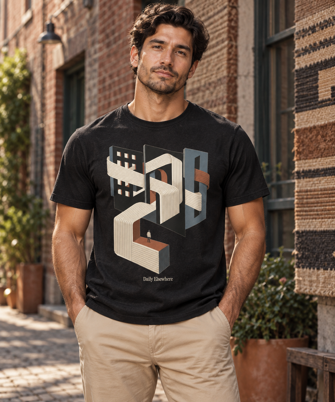 Woven District — Female model wearing a light T-shirt with the front artwork. Daily Elsewhere.