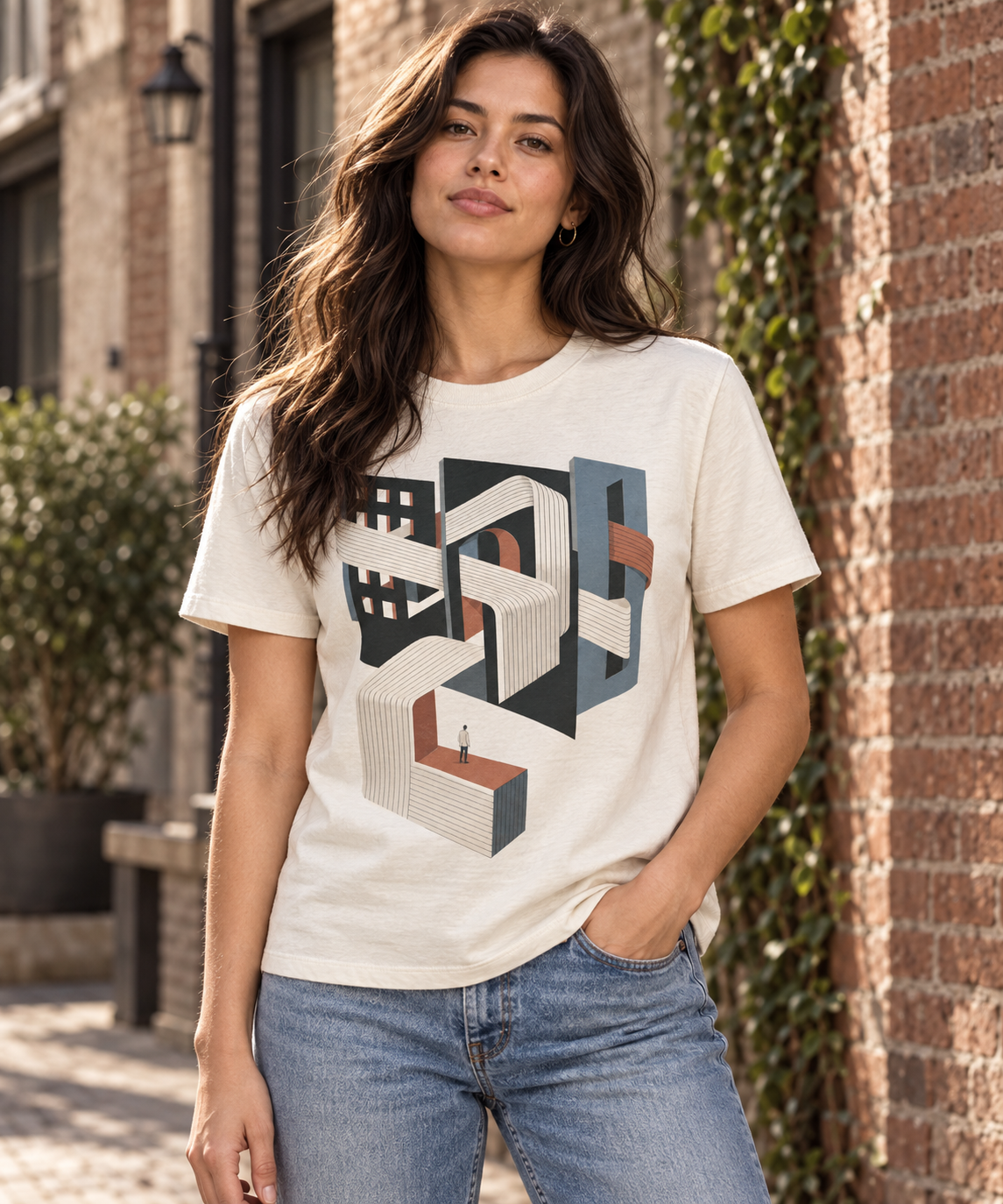 Woven District — Male model wearing a dark T-shirt with light front artwork. Daily Elsewhere.