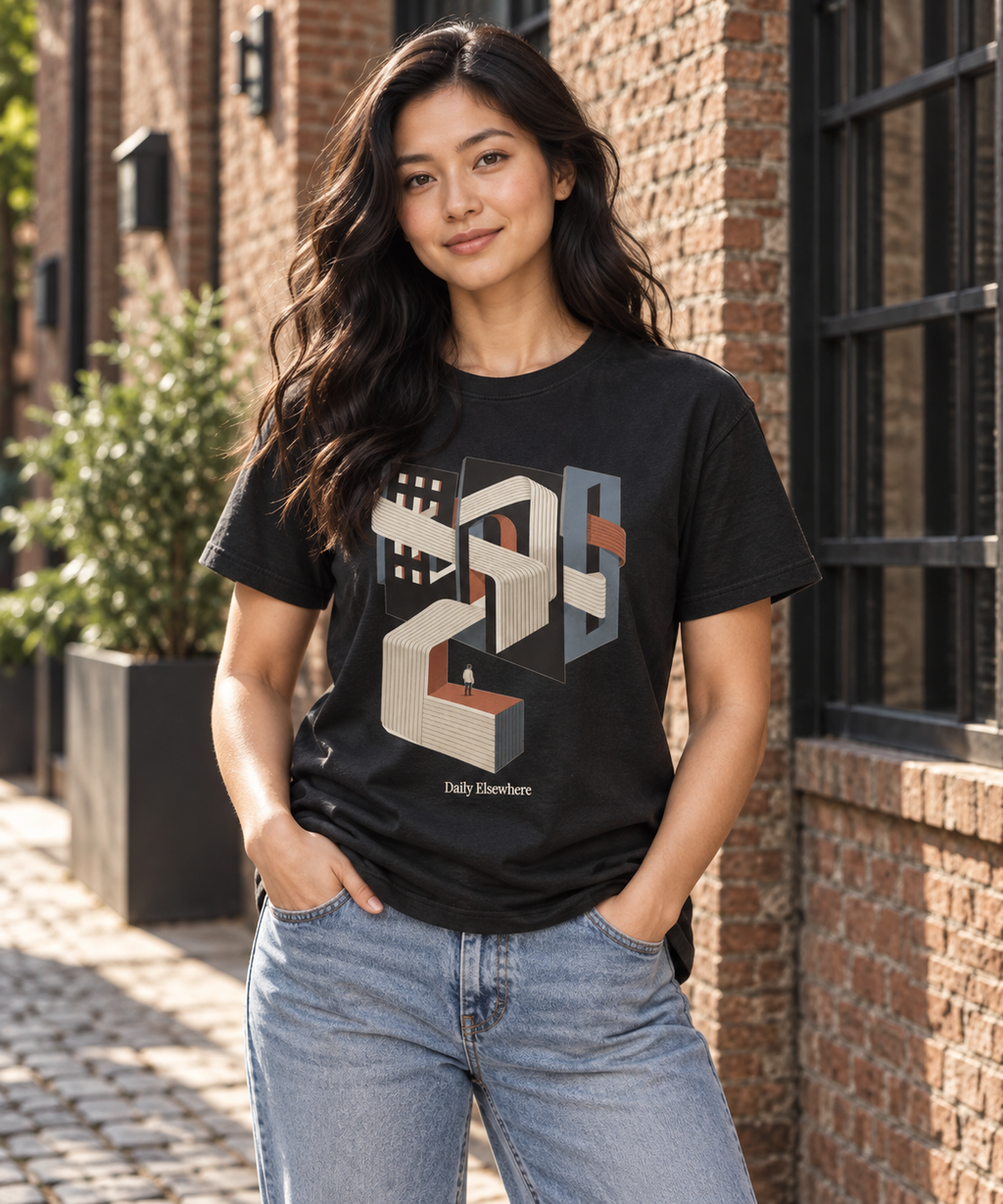 Woven District — Female model wearing a dark T-shirt with light front artwork. Daily Elsewhere.