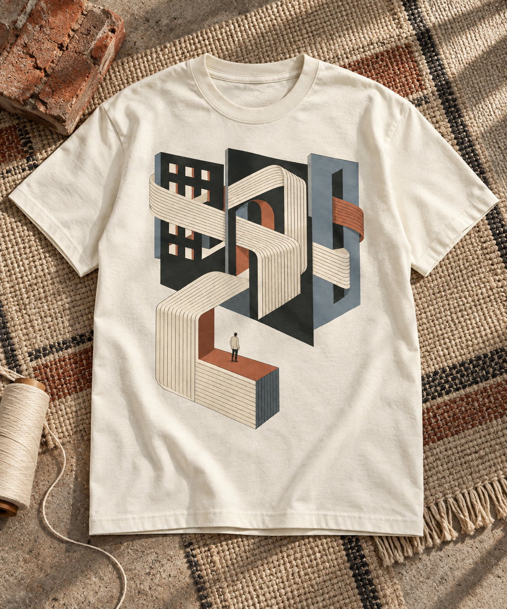 Woven District — Dark T-shirt with light front artwork on a contextual background. Daily Elsewhere.