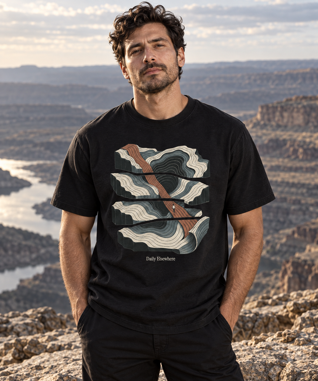 Fault Line — Male model wearing a dark T-shirt with light front artwork. Daily Elsewhere.