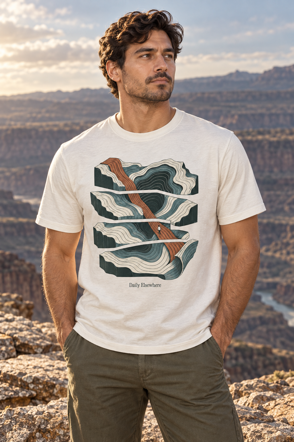 Fault Line — Male model wearing a light T-shirt with the front artwork. Daily Elsewhere.