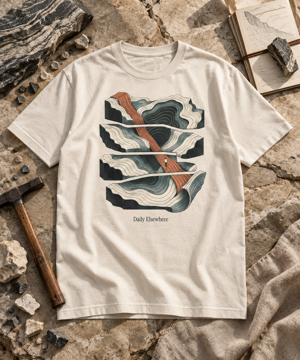 Fault Line — Light T-shirt with the front artwork on a contextual background. Daily Elsewhere.
