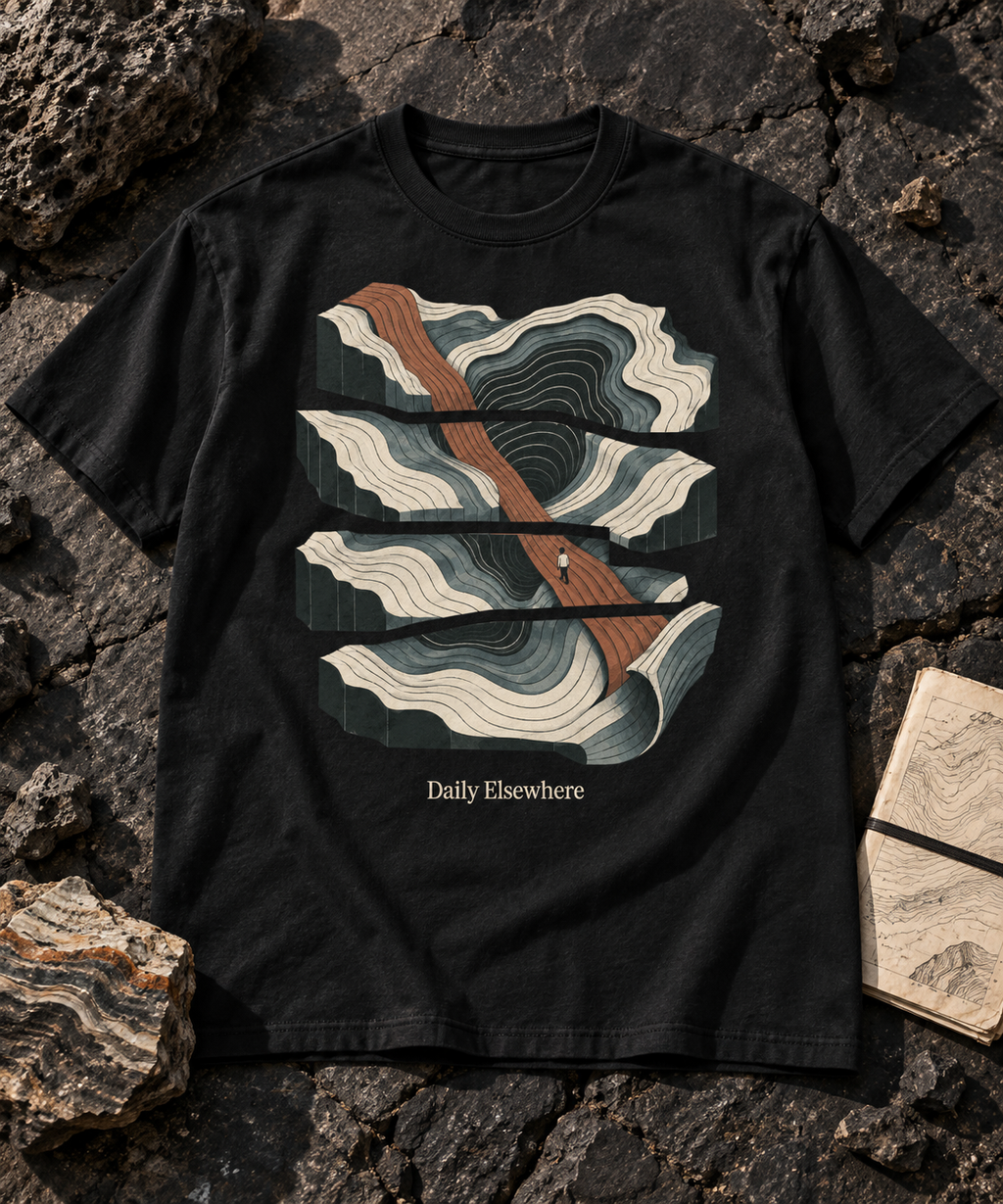 Fault Line — Dark T-shirt with light front artwork on a contextual background. Daily Elsewhere.