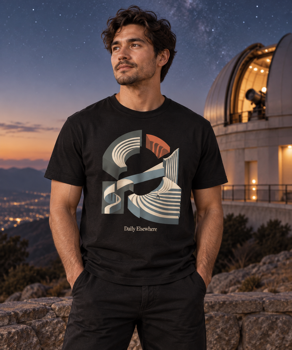 Unfixed Orbit — Female model wearing a light T-shirt with the front artwork. Daily Elsewhere.