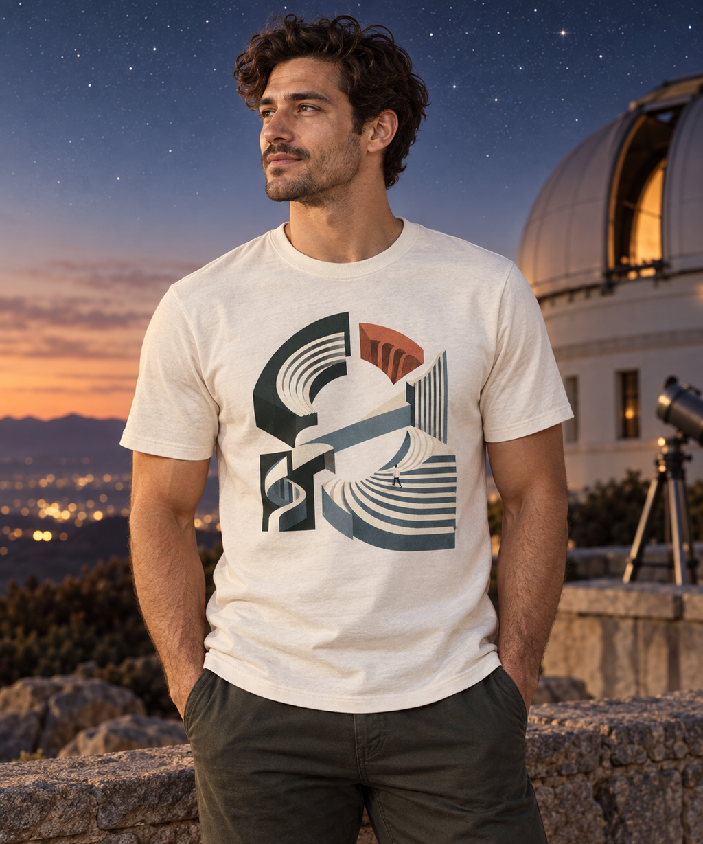 Unfixed Orbit — Male model wearing a light T-shirt with the front artwork. Daily Elsewhere.