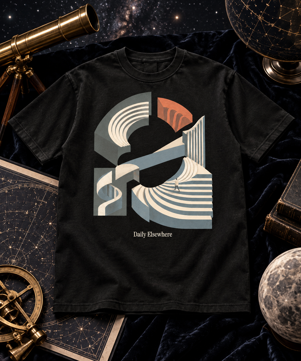 Unfixed Orbit — Light T-shirt with the front artwork on a contextual background. Daily Elsewhere.