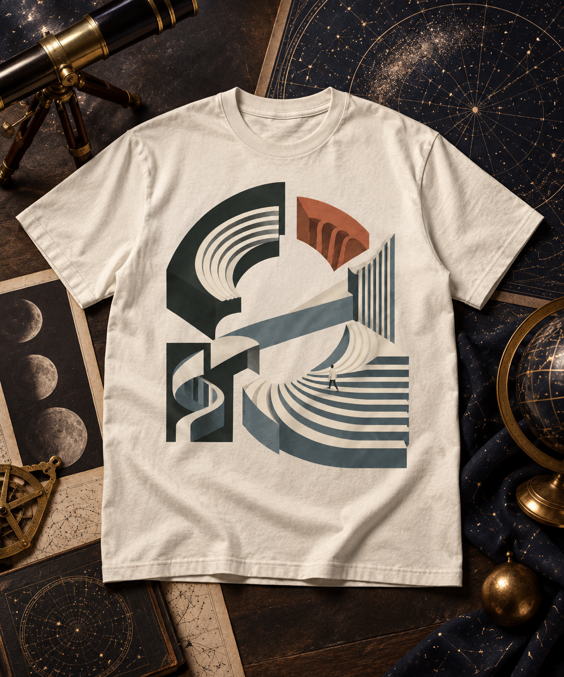 Unfixed Orbit — Dark T-shirt with light front artwork on a contextual background. Daily Elsewhere.