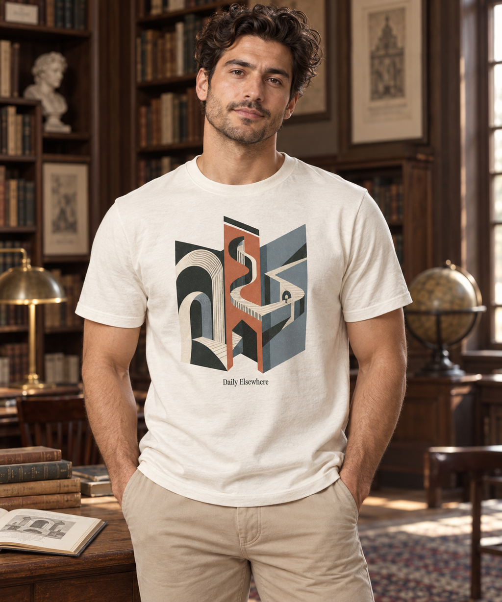 Folded Index — Male model wearing a light T-shirt with the front artwork. Daily Elsewhere.