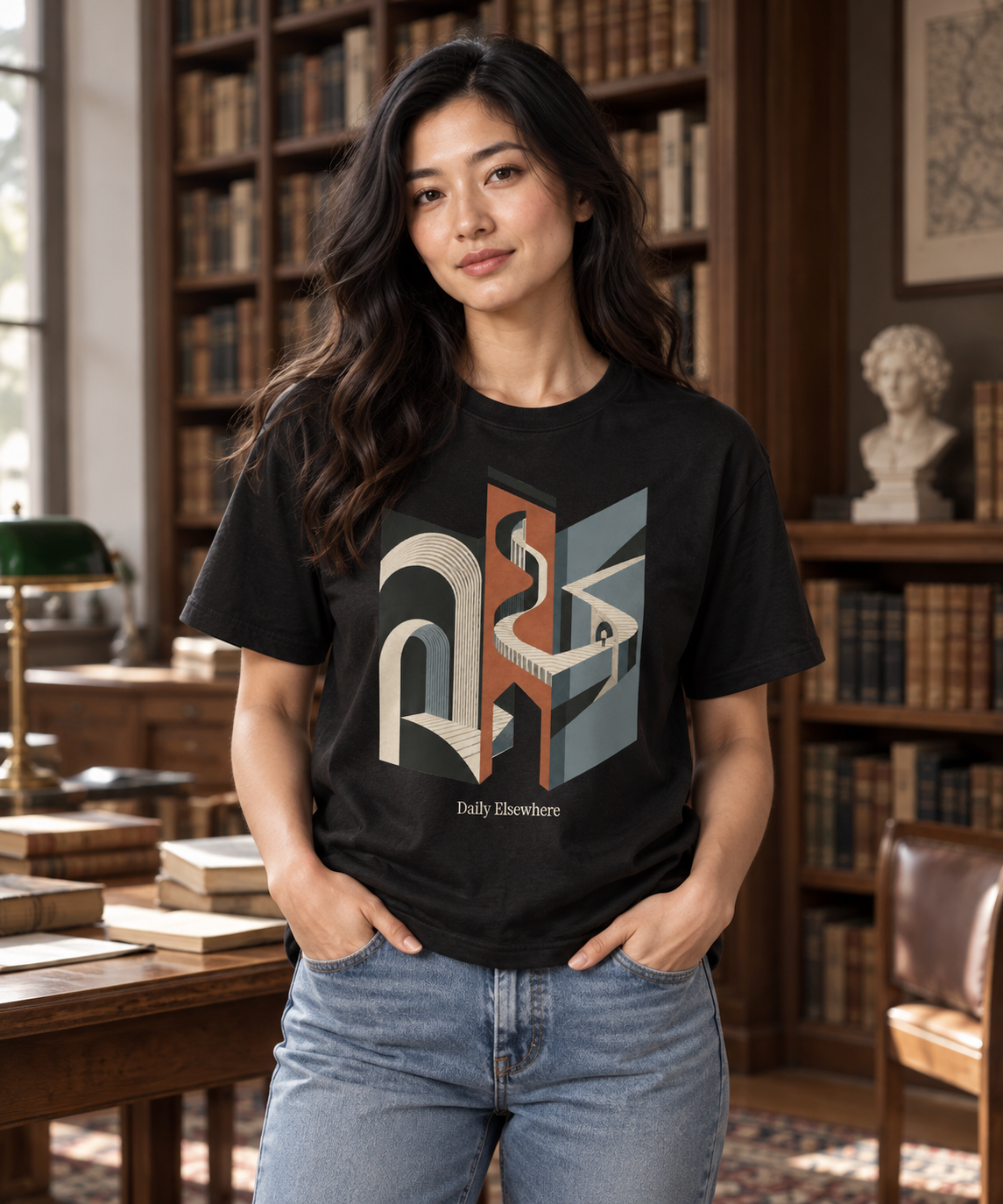 Folded Index — Dark T-shirt with light front artwork on a contextual background. Daily Elsewhere.