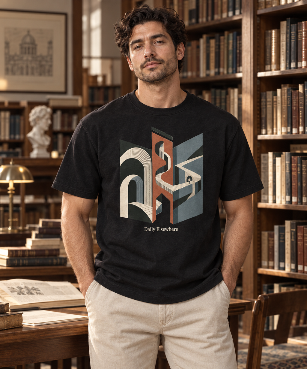 Folded Index — Female model wearing a light T-shirt with the front artwork. Daily Elsewhere.