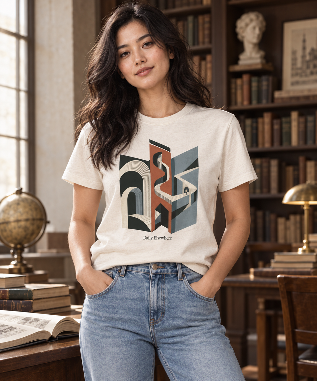 Folded Index — Male model wearing a dark T-shirt with light front artwork. Daily Elsewhere.