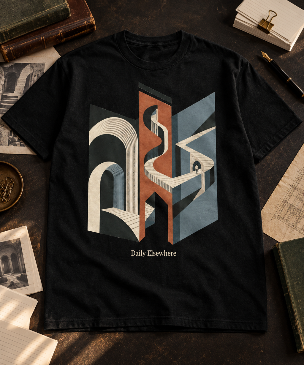 Folded Index — Light T-shirt with the front artwork on a contextual background. Daily Elsewhere.