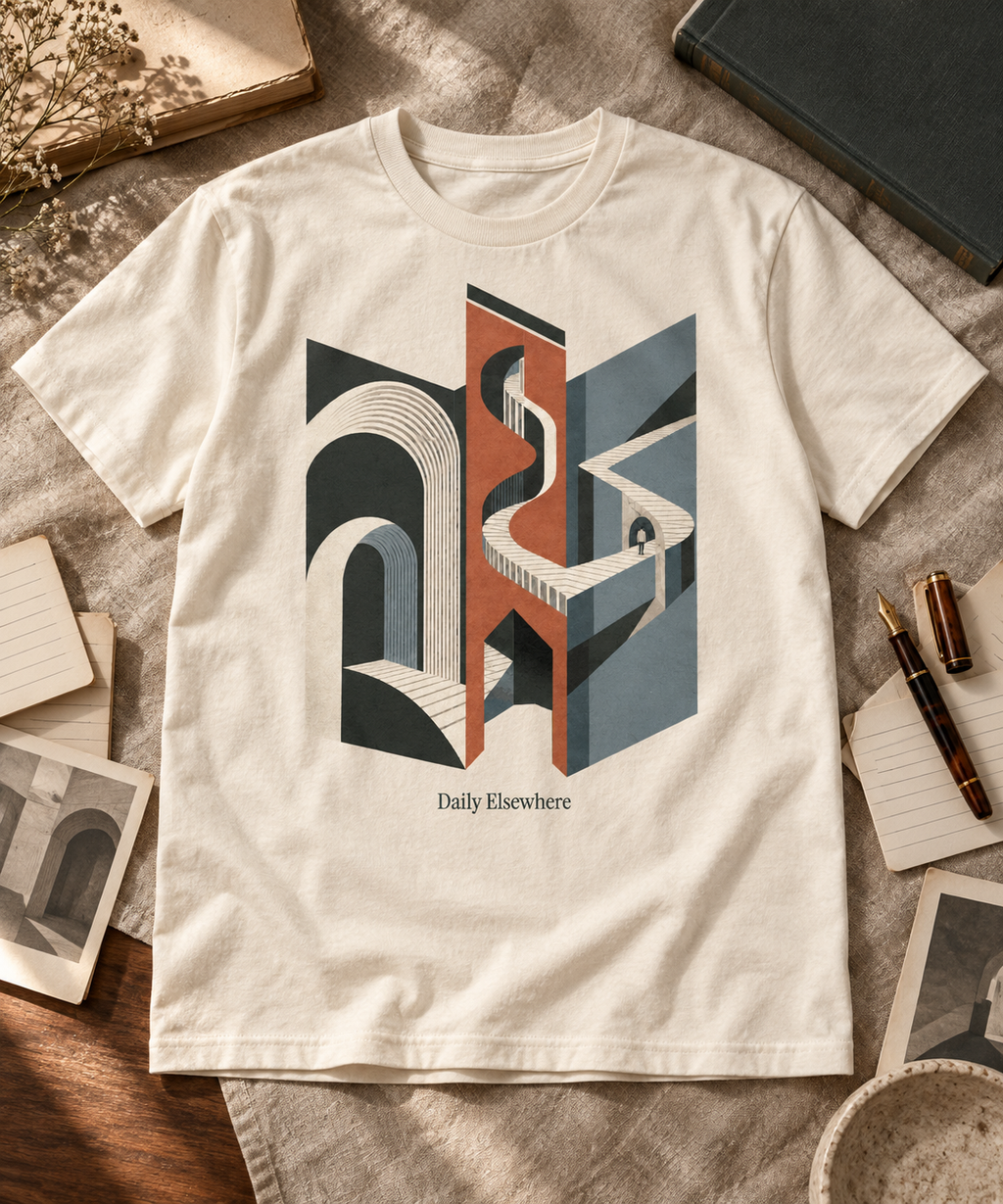 Folded Index — Female model wearing a dark T-shirt with light front artwork. Daily Elsewhere.