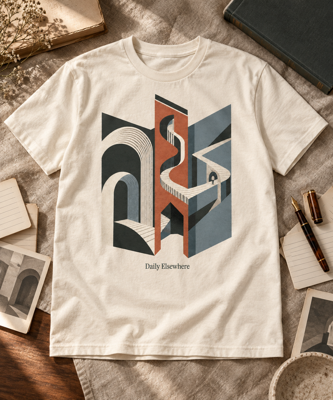 Folded Index — Female model wearing a dark T-shirt with light front artwork. Daily Elsewhere.