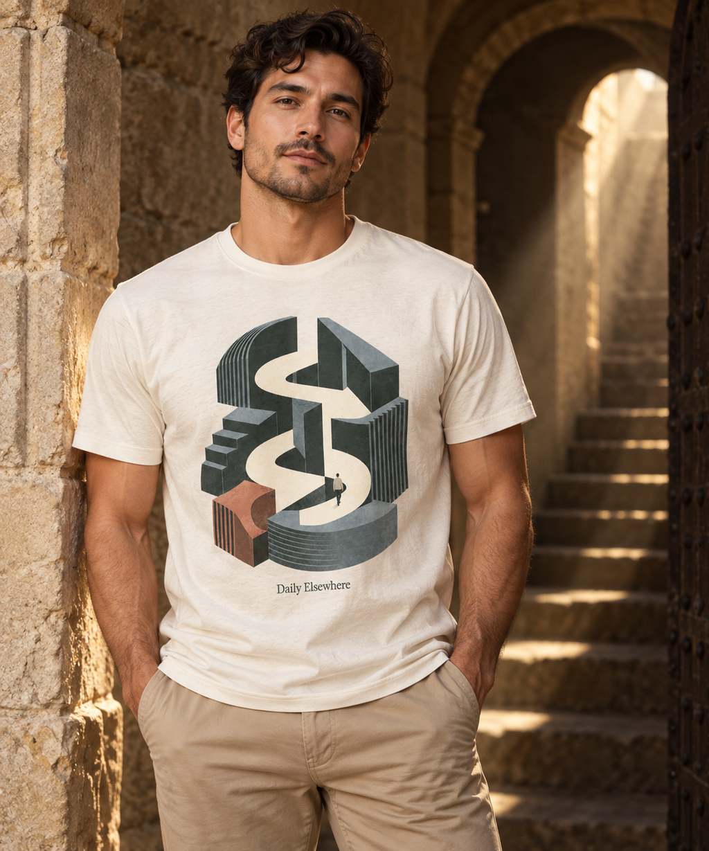 Hidden Passage — Male model wearing a light T-shirt with the front artwork. Daily Elsewhere.