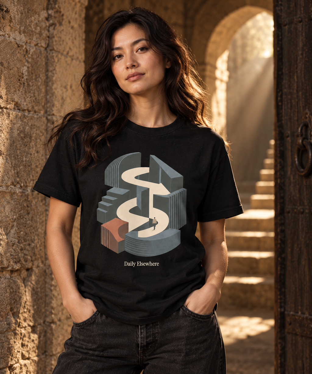 Hidden Passage — Dark T-shirt with light front artwork on a contextual background. Daily Elsewhere.