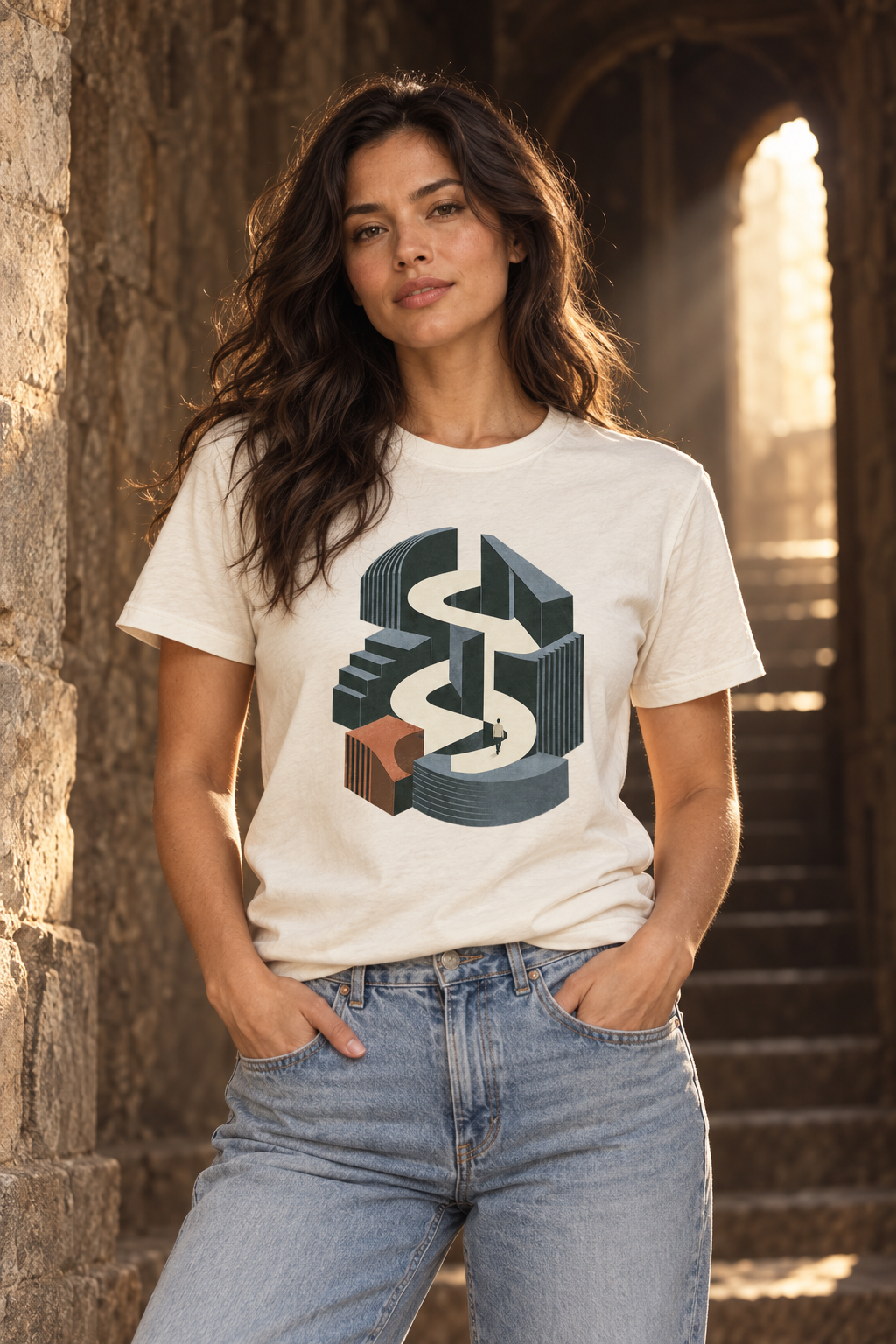 Hidden Passage — Male model wearing a dark T-shirt with light front artwork. Daily Elsewhere.