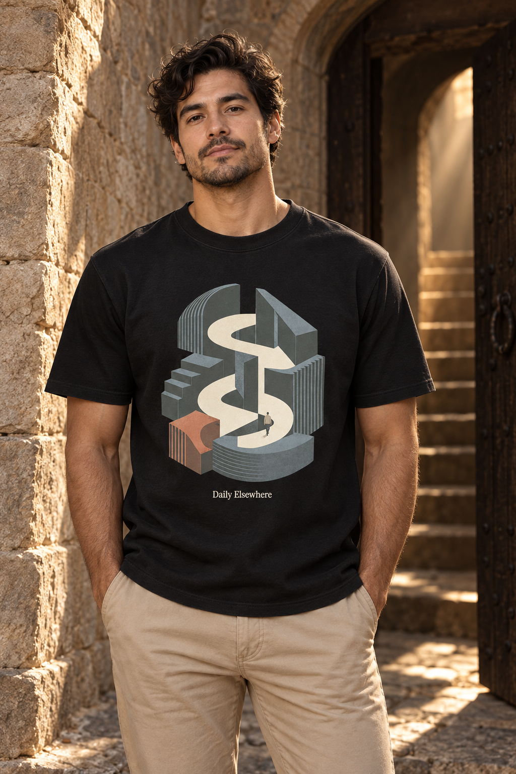 Hidden Passage — Female model wearing a light T-shirt with the front artwork. Daily Elsewhere.