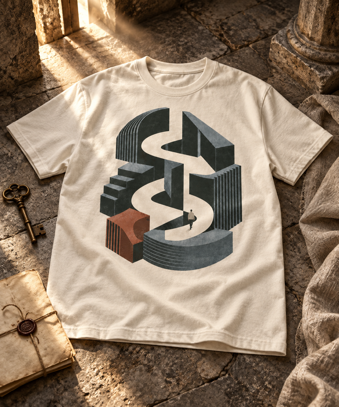 Hidden Passage — Light T-shirt with the front artwork on a contextual background. Daily Elsewhere.