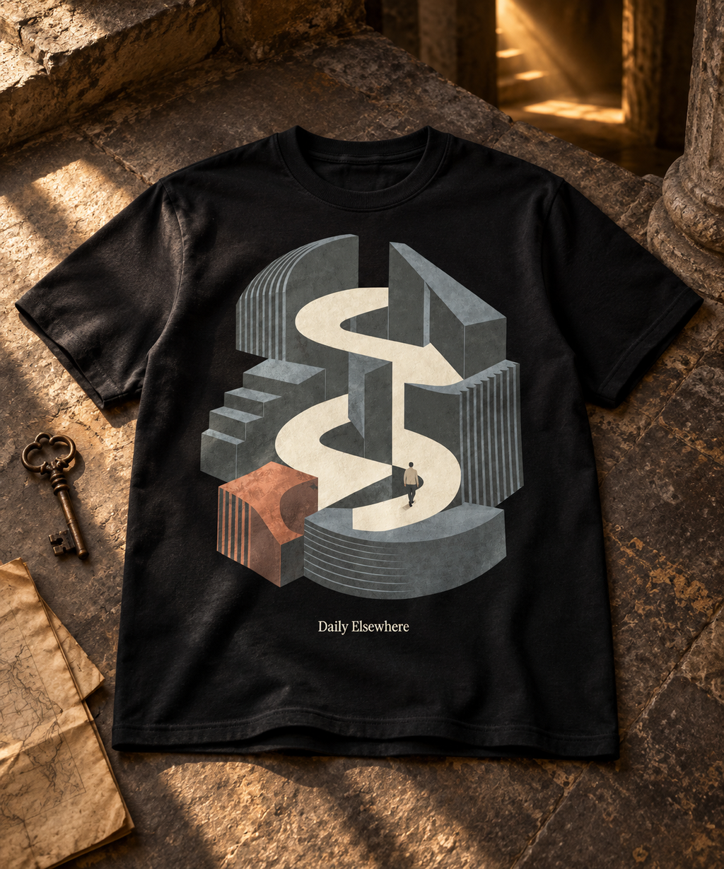 Hidden Passage — Female model wearing a dark T-shirt with light front artwork. Daily Elsewhere.