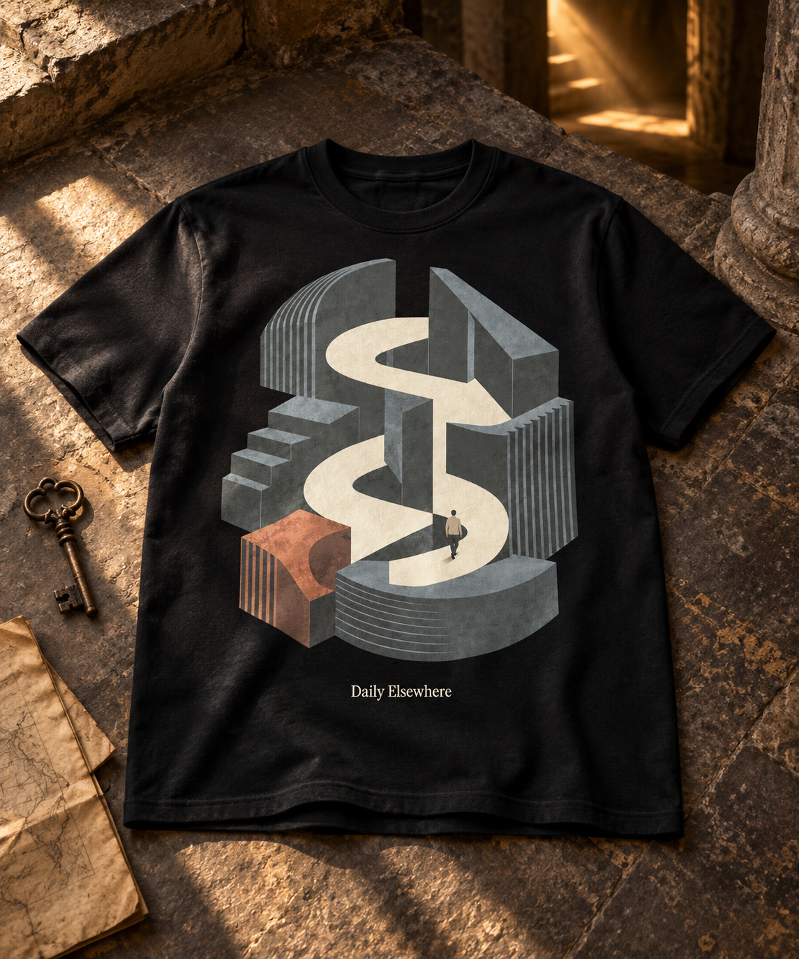Hidden Passage — Female model wearing a dark T-shirt with light front artwork. Daily Elsewhere.