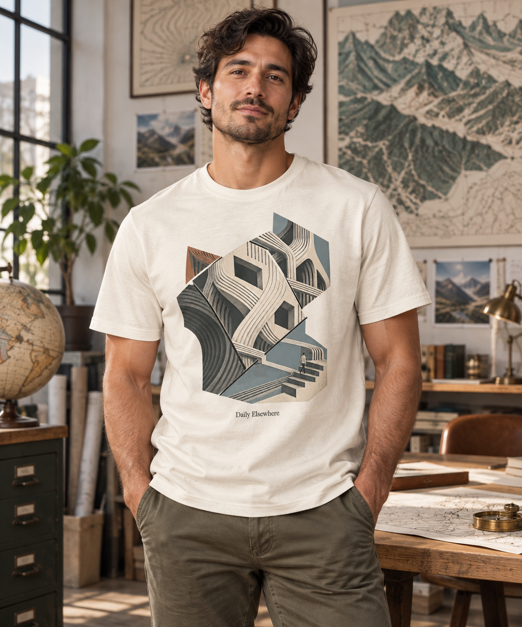 Oblique Atlas — Male model wearing a light T-shirt with the front artwork. Daily Elsewhere.