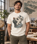 Oblique Atlas — Male model wearing a light T-shirt with the front artwork. Daily Elsewhere.