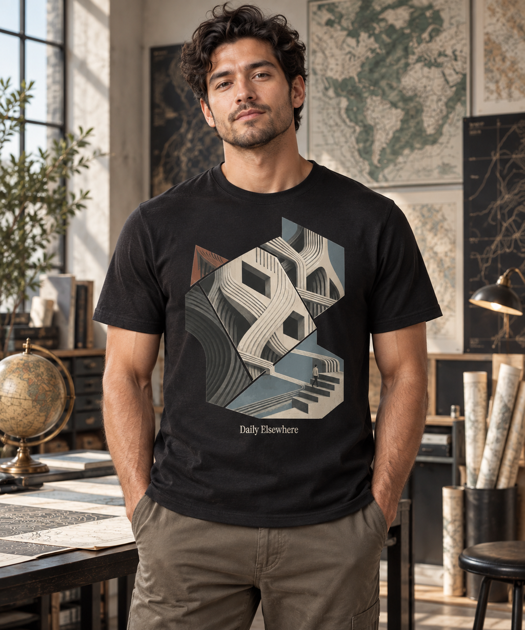 Oblique Atlas — Male model wearing a dark T-shirt with light front artwork. Daily Elsewhere.