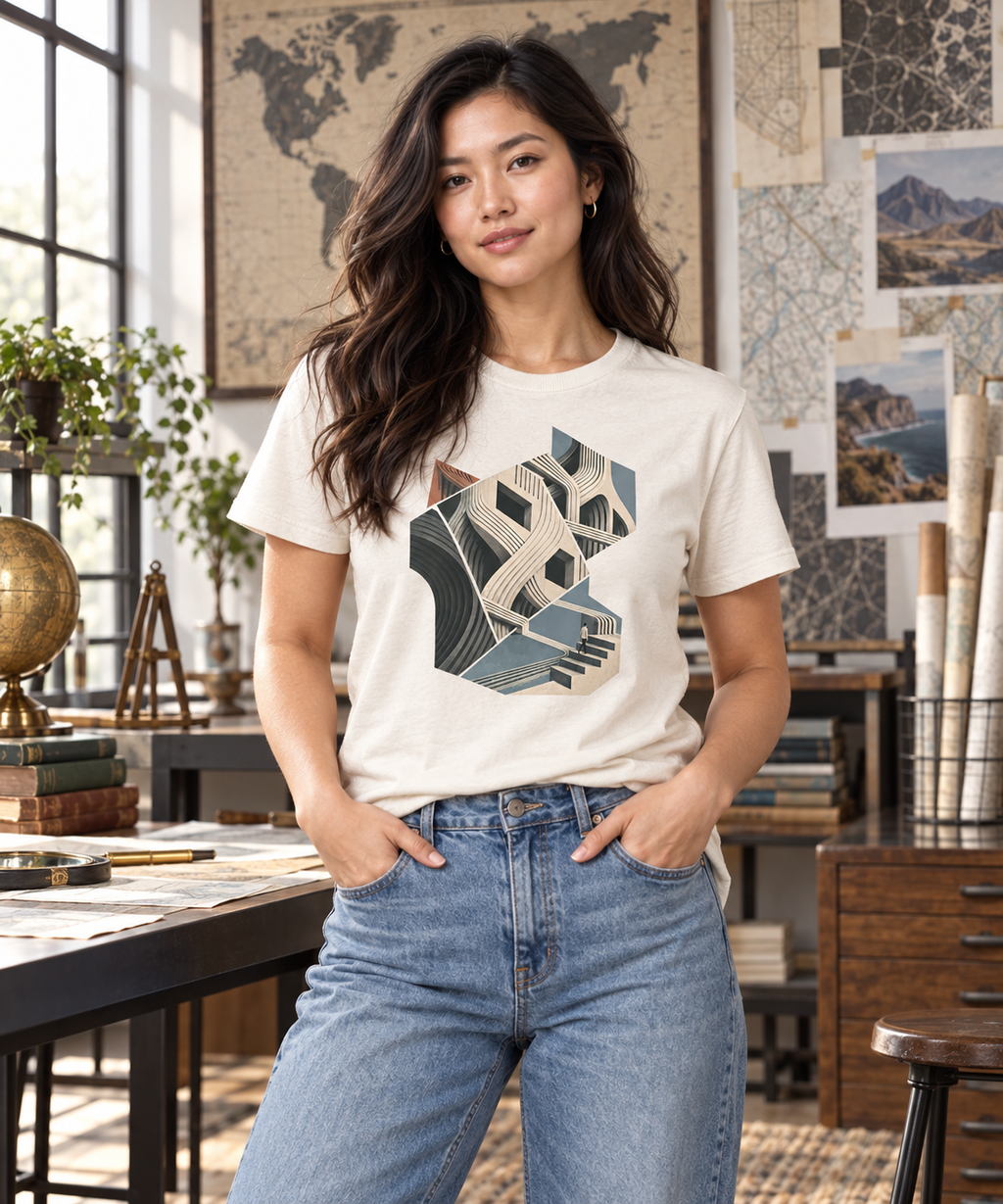 Oblique Atlas — Female model wearing a dark T-shirt with light front artwork. Daily Elsewhere.
