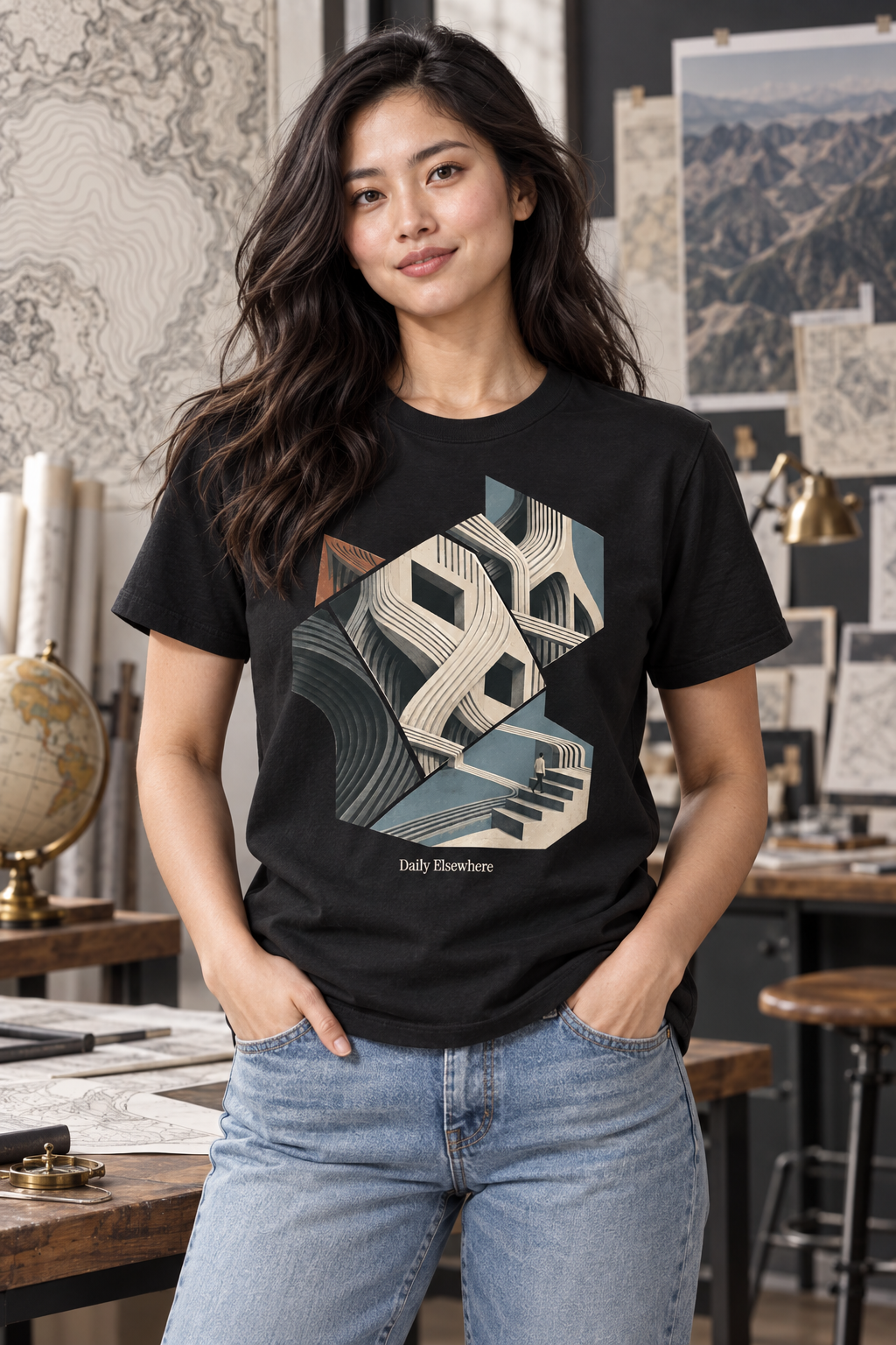 Oblique Atlas — Female model wearing a light T-shirt with the front artwork. Daily Elsewhere.
