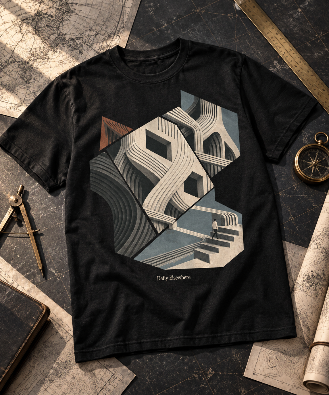 Oblique Atlas — Light T-shirt with the front artwork on a contextual background. Daily Elsewhere.