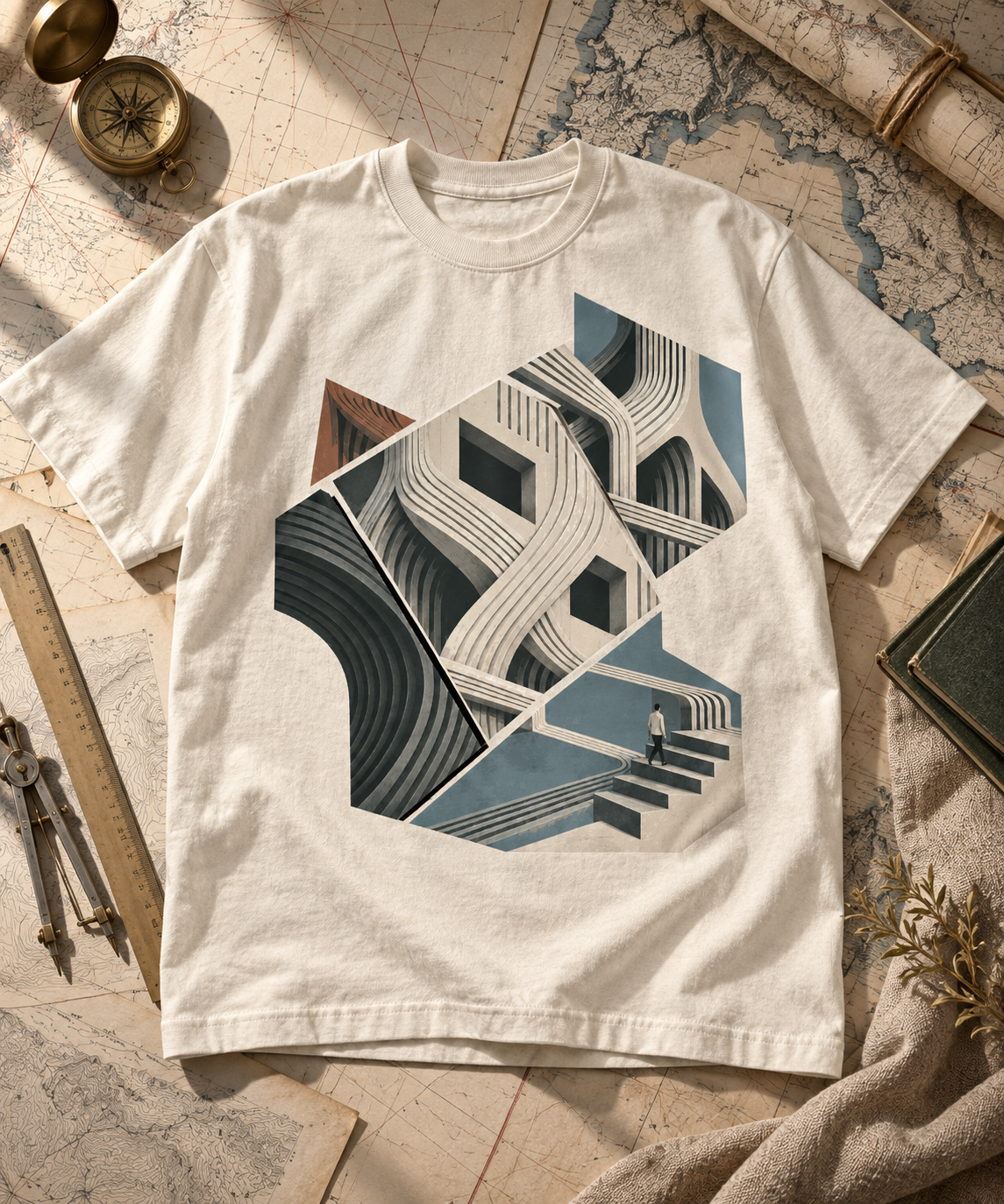 Oblique Atlas — Dark T-shirt with light front artwork on a contextual background. Daily Elsewhere.