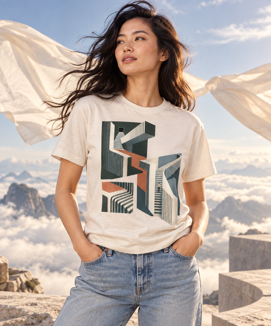 Different Gravity — Male model wearing a light T-shirt with the front artwork. Daily Elsewhere.