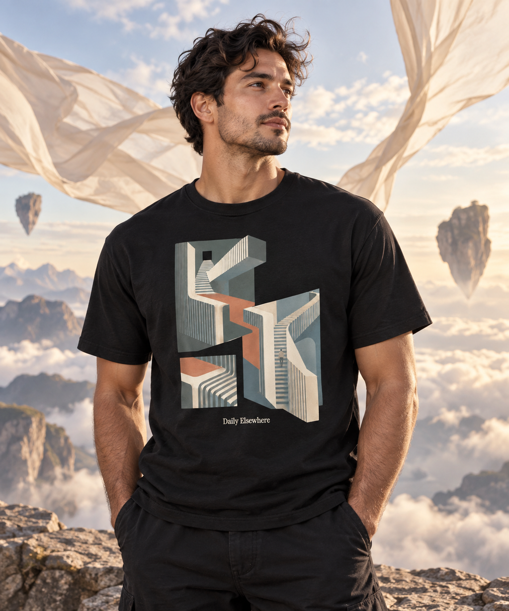 Different Gravity — Male model wearing a dark T-shirt with light front artwork. Daily Elsewhere.