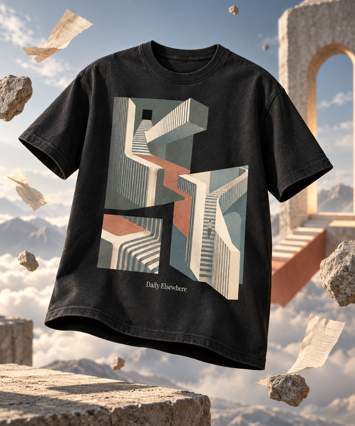 Different Gravity — Light T-shirt with the front artwork on a contextual background. Daily Elsewhere.